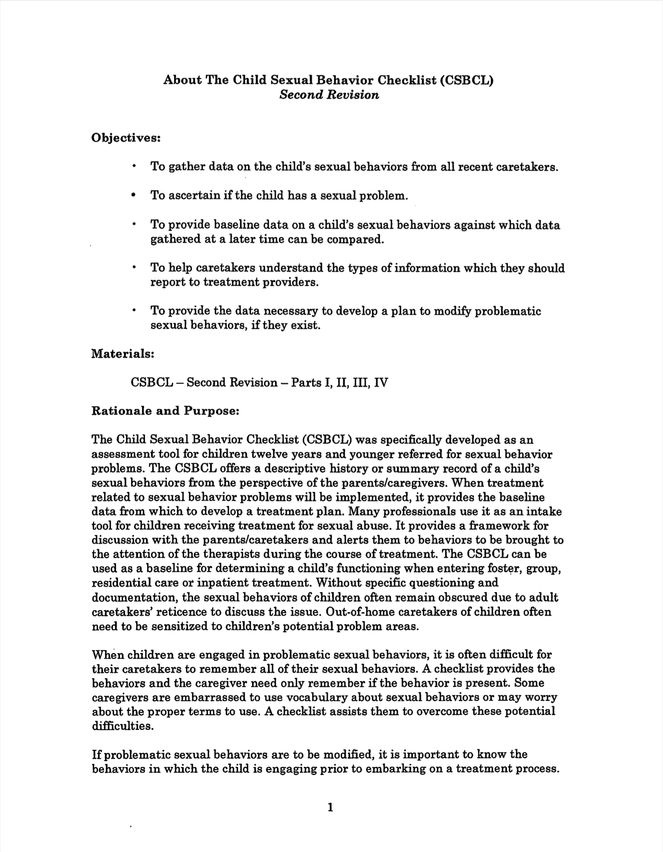 Document about the Child Sexual Behavior Checklist (CSBCL) on a white background