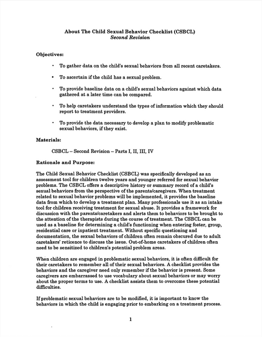 Document about the Child Sexual Behavior Checklist (CSBCL) on a white background