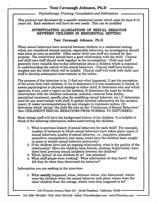 Investigating Allegations of Sexual Behavior Between Children In Residential Settings