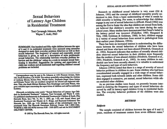 Sexual Behaviors of Latency Age Children in Residential Care