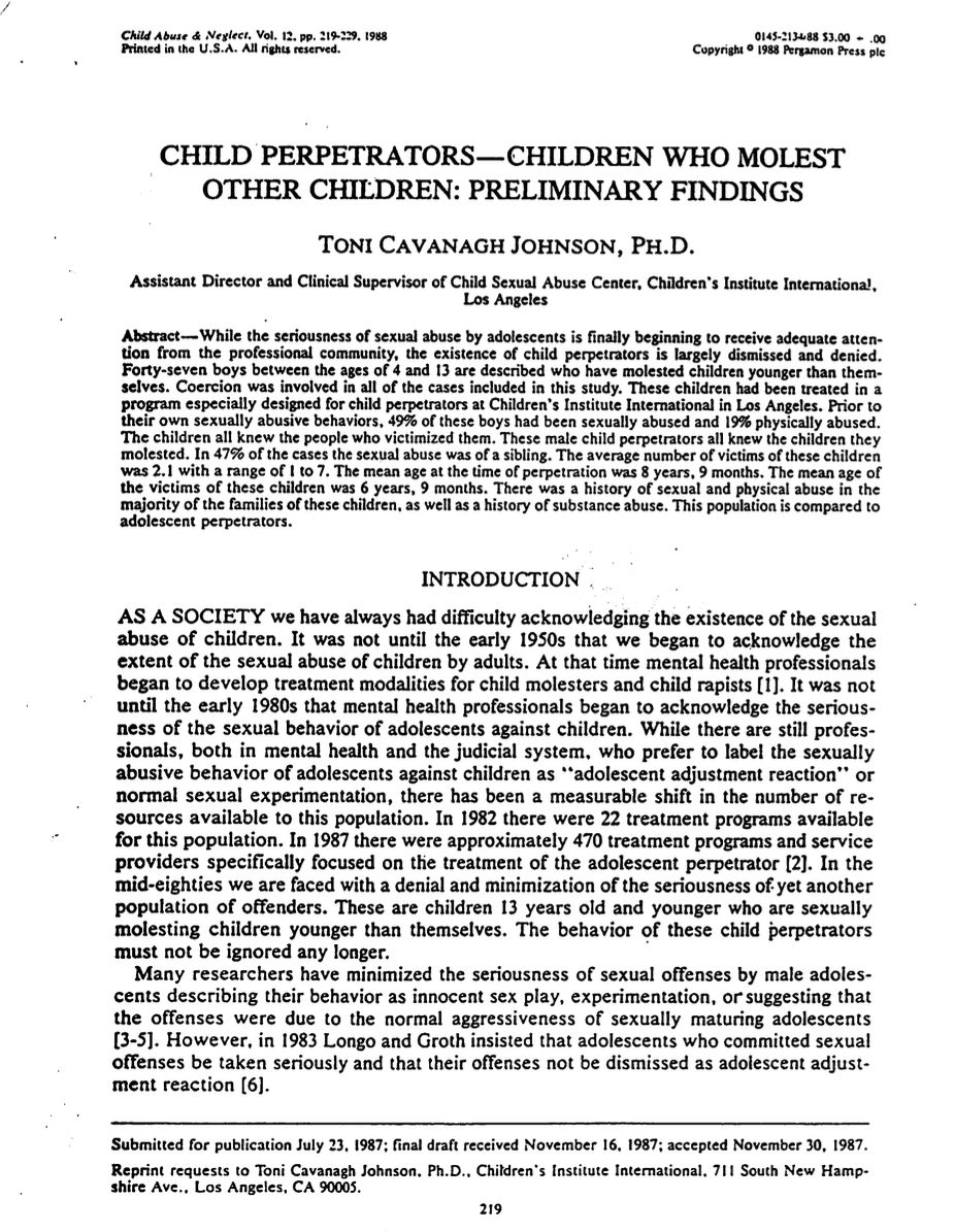 Child Perpetrators: Children Who Molest Other Children: Preliminary Findings