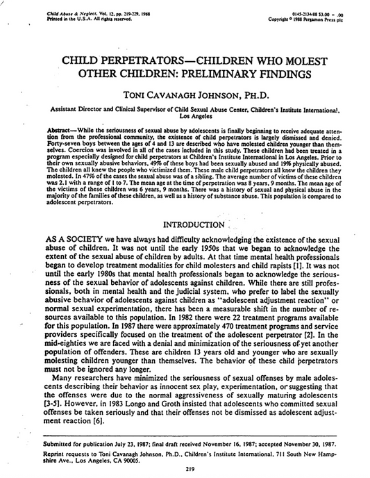 Child Perpetrators: Children Who Molest Other Children: Preliminary Findings