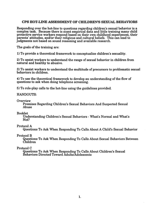 Child Protective Services Intake Calls - Assessing Calls About Children’s Sexual Behaviors. Is CPS intervention necessary?